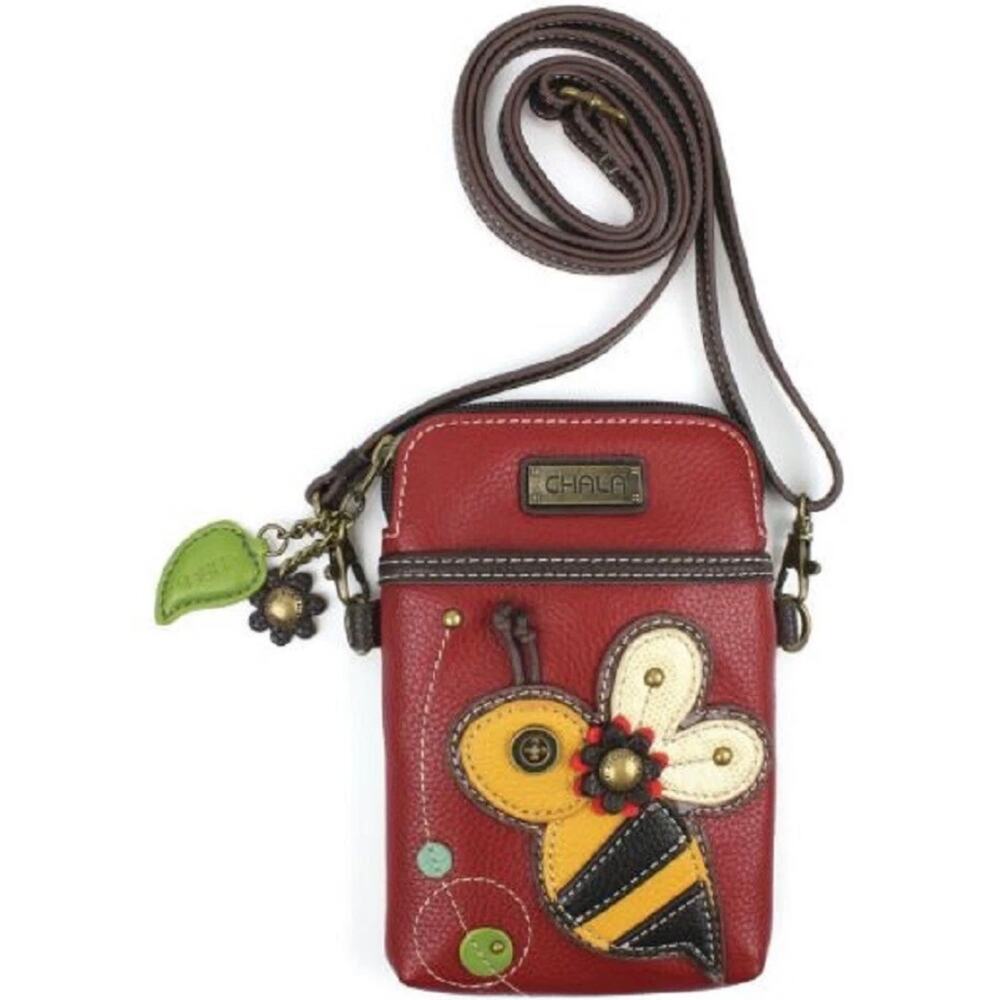 Chala Cell Phone Crossbody bag Buzzing Bee Burgundy Whimsical Cottagecore